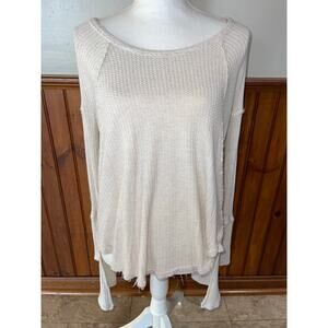 Womens Free People Cream Long Sleeve Waffle Tattered Destroyed Hem Shirt Size XS